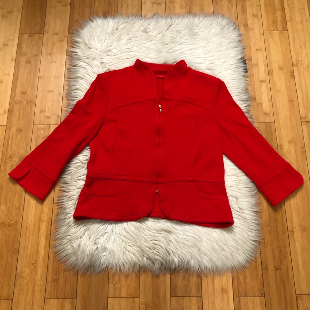 St. John Santana Wool Zip Up Fitted Cropped Bright Red Womens Knit Jacket size L